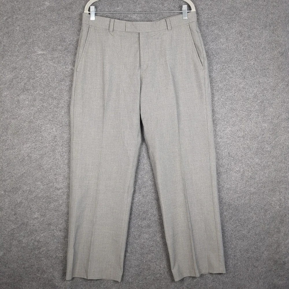 Kenneth Cole Reaction Mens Gray Plaid Dress Pants 34x29 Business Casual Trousers